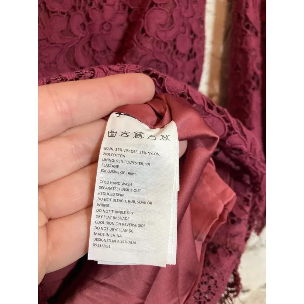 Bardot Lace Dress Womens XS Dark Mauve Midi‎ Bell Sleeve Romantic Off Shoulder - Picture 2 of 14